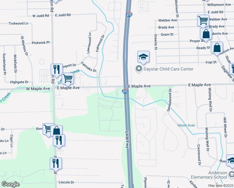 map of restaurants, bars, coffee shops, grocery stores, and more near 5800 Maplebrook Lane in Flint