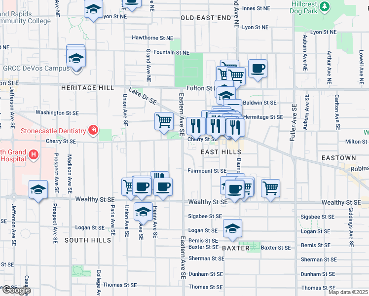 map of restaurants, bars, coffee shops, grocery stores, and more near 220 Wellington Avenue Southeast in Grand Rapids