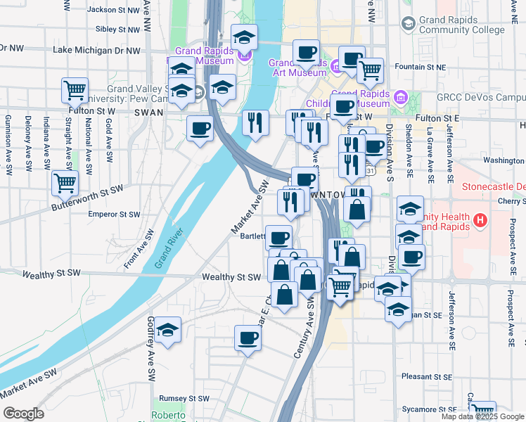 map of restaurants, bars, coffee shops, grocery stores, and more near 250-298 Finney Ave SW in Grand Rapids
