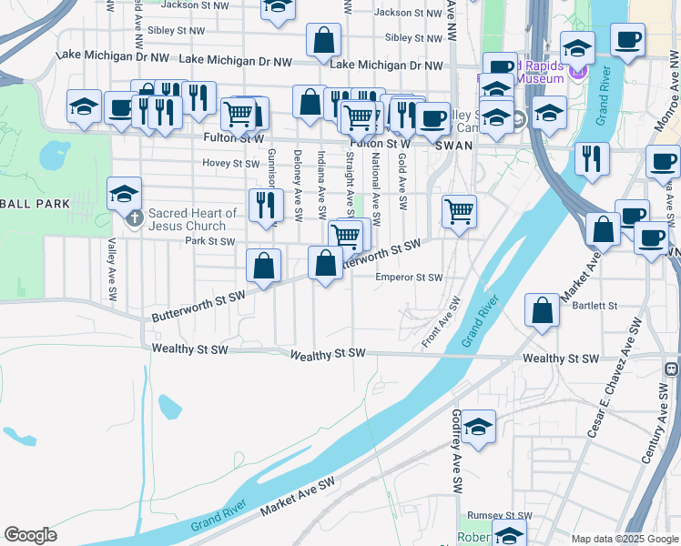 map of restaurants, bars, coffee shops, grocery stores, and more near 247 Straight Avenue Southwest in Grand Rapids