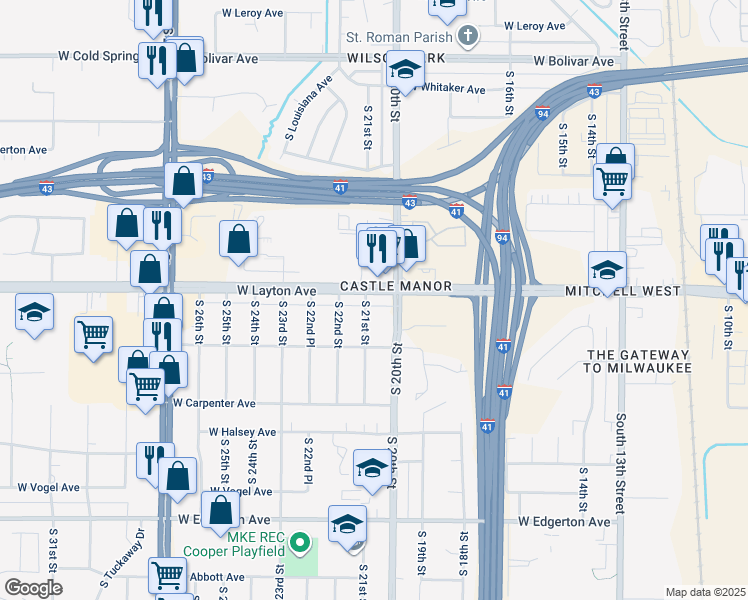 map of restaurants, bars, coffee shops, grocery stores, and more near 4731 South 21st Street in Milwaukee