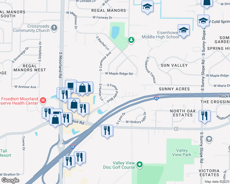 map of restaurants, bars, coffee shops, grocery stores, and more near 14982 South Forest Point Boulevard in New Berlin