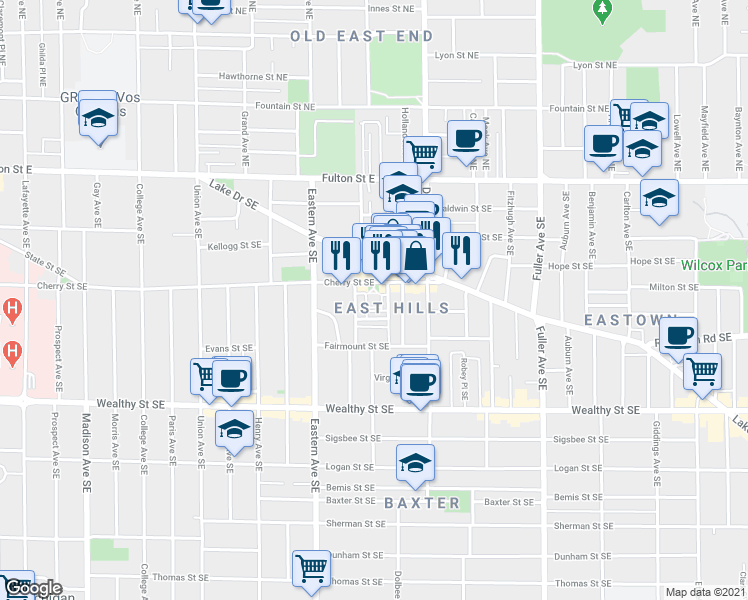 map of restaurants, bars, coffee shops, grocery stores, and more near 920 Cherry Street Southeast in Grand Rapids
