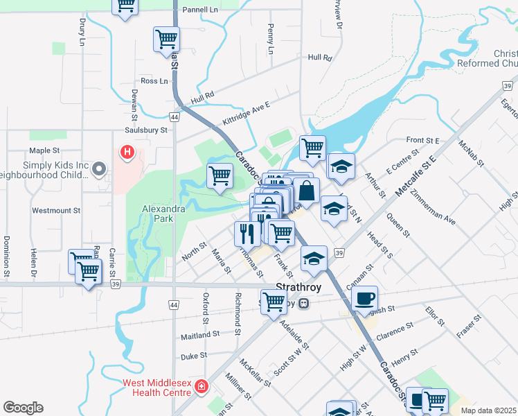 map of restaurants, bars, coffee shops, grocery stores, and more near 125 Frank Street in Strathroy
