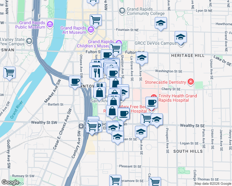 map of restaurants, bars, coffee shops, grocery stores, and more near 235 Division Avenue South in Grand Rapids