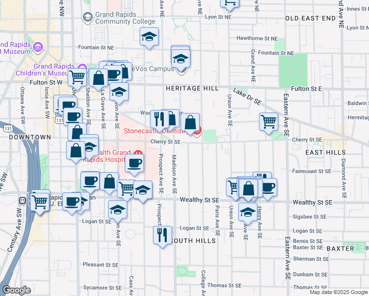 map of restaurants, bars, coffee shops, grocery stores, and more near 209 Morris Avenue Southeast in Grand Rapids
