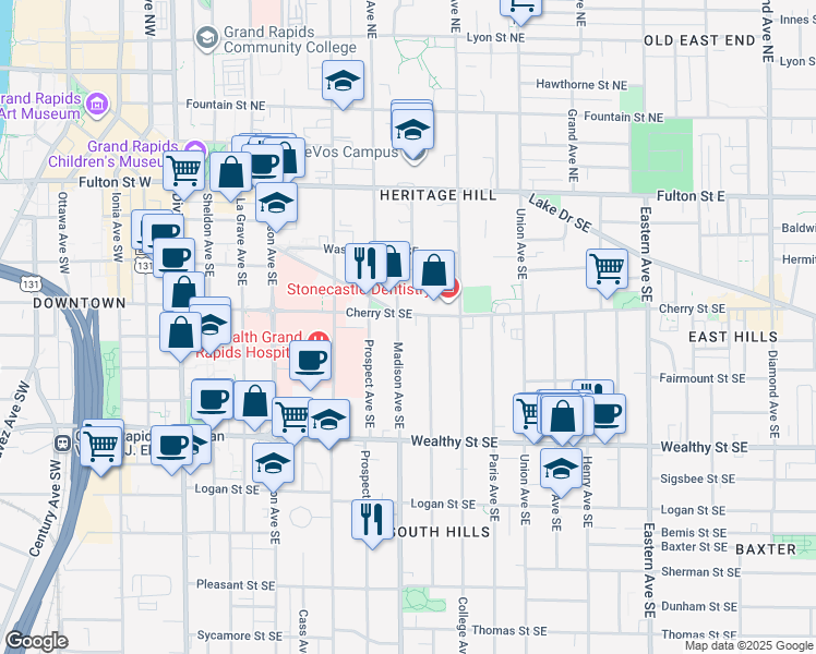 map of restaurants, bars, coffee shops, grocery stores, and more near 200 Madison Avenue Southeast in Grand Rapids
