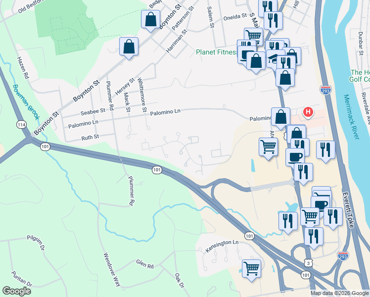 map of restaurants, bars, coffee shops, grocery stores, and more near 14 Belmont Court in Bedford