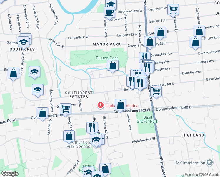 map of restaurants, bars, coffee shops, grocery stores, and more near 87 Base Line Road West in London