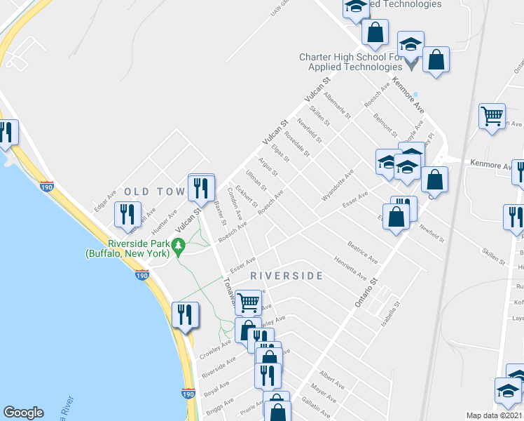 map of restaurants, bars, coffee shops, grocery stores, and more near 69 Eckhert Street in Buffalo