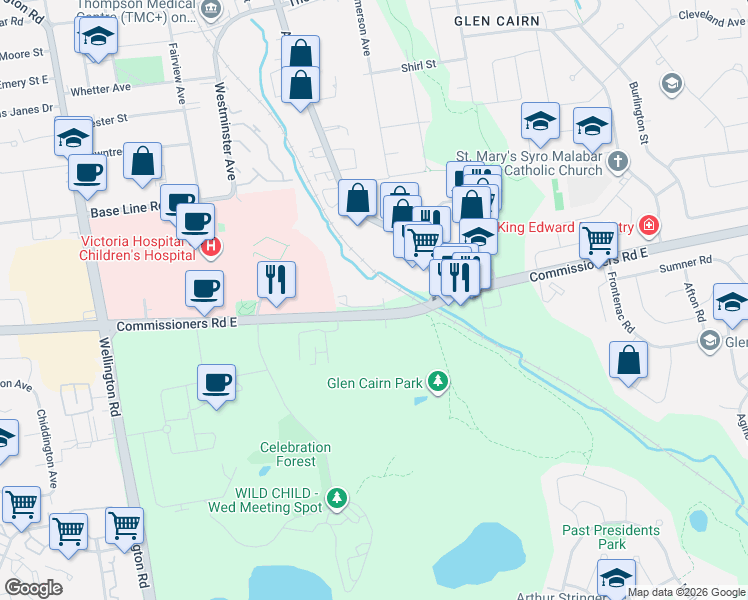 map of restaurants, bars, coffee shops, grocery stores, and more near 860 Commissioners Road East in London