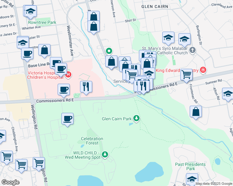 map of restaurants, bars, coffee shops, grocery stores, and more near 860 Commissioners Road East in London
