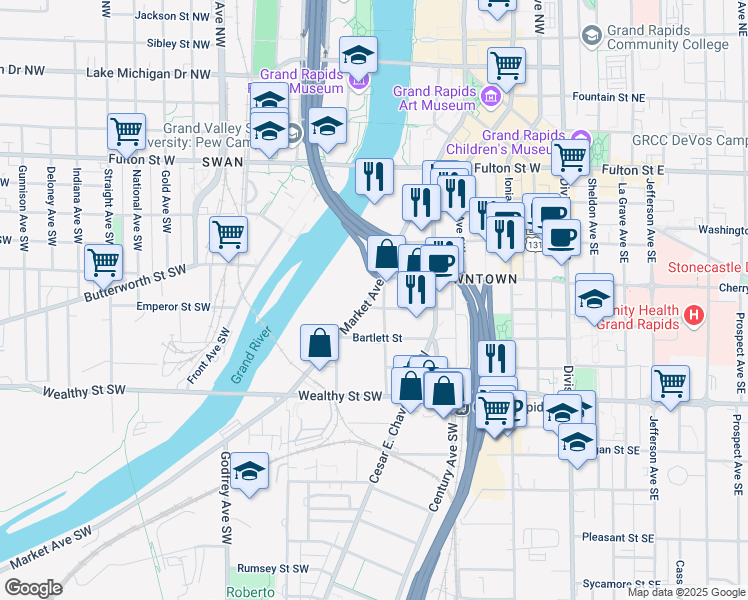 map of restaurants, bars, coffee shops, grocery stores, and more near 250 Finney Avenue Southwest in Grand Rapids