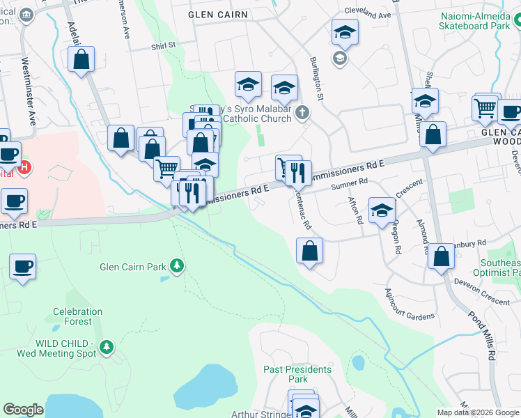 map of restaurants, bars, coffee shops, grocery stores, and more near 951 Commissioners Road East in London