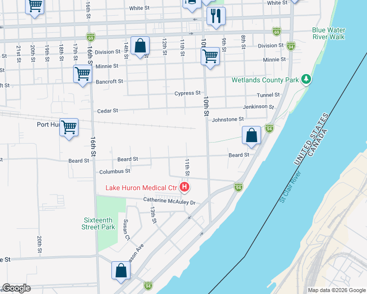 map of restaurants, bars, coffee shops, grocery stores, and more near 1103 Beard Street in Port Huron