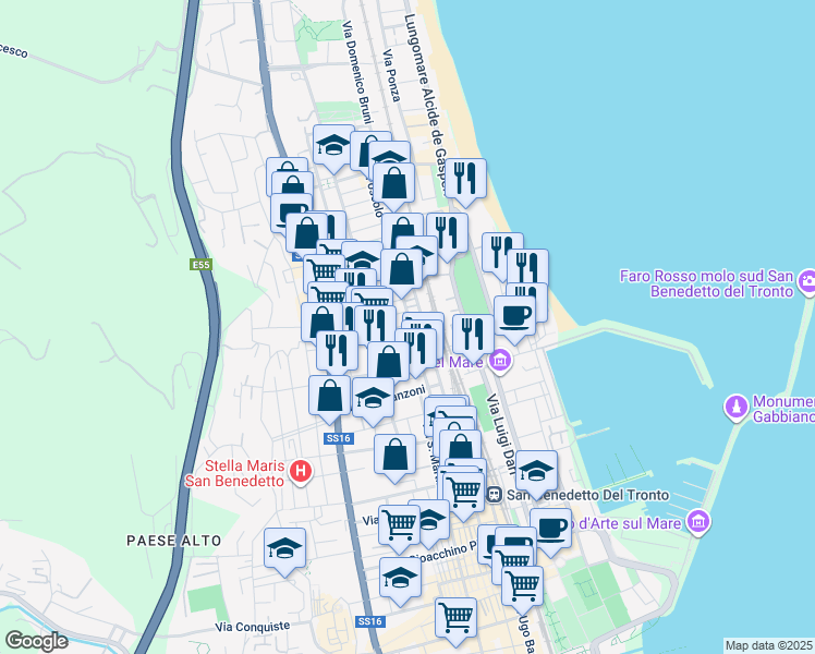 map of restaurants, bars, coffee shops, grocery stores, and more near 19 Via Giovanni Bovio in San Benedetto del Tronto