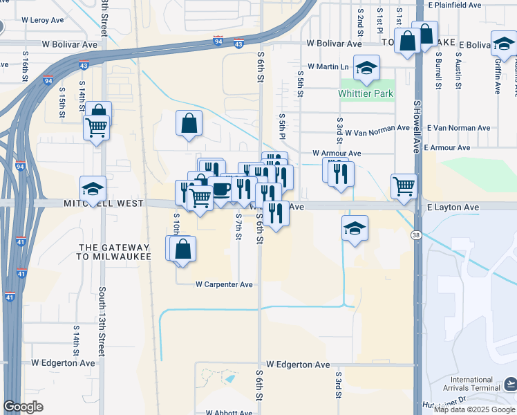 map of restaurants, bars, coffee shops, grocery stores, and more near 4703 South 6th Street in Milwaukee