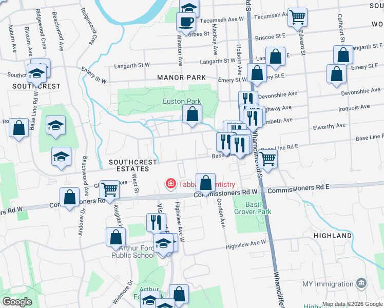 map of restaurants, bars, coffee shops, grocery stores, and more near 87 Base Line Road West in London