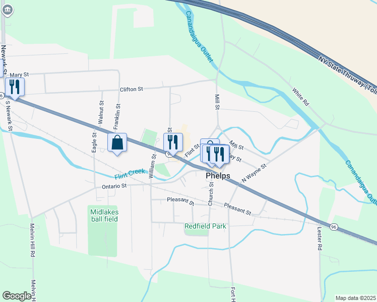 map of restaurants, bars, coffee shops, grocery stores, and more near 130 Main Street in Phelps