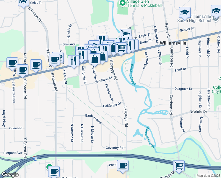 map of restaurants, bars, coffee shops, grocery stores, and more near 58 Pasadena Place in Buffalo