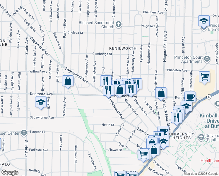 map of restaurants, bars, coffee shops, grocery stores, and more near in Buffalo