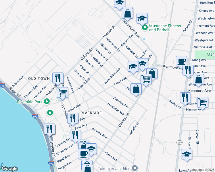 map of restaurants, bars, coffee shops, grocery stores, and more near 257 Esser Avenue in Buffalo