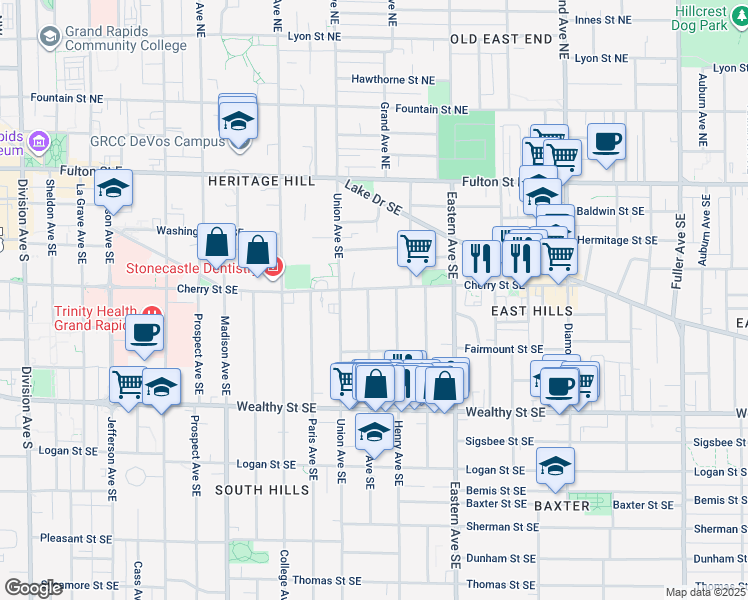 map of restaurants, bars, coffee shops, grocery stores, and more near 230 James Avenue Southeast in Grand Rapids