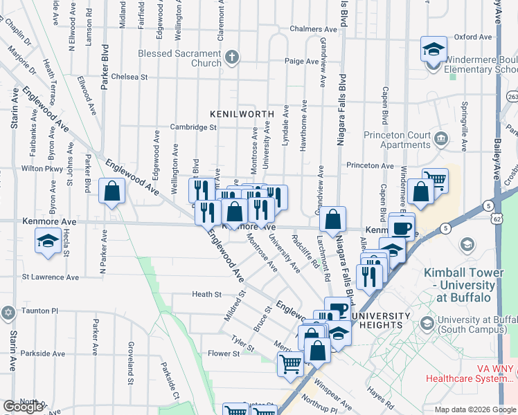 map of restaurants, bars, coffee shops, grocery stores, and more near 234 University Avenue in Buffalo