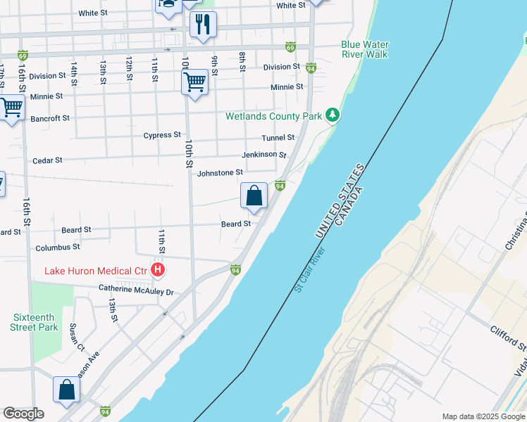map of restaurants, bars, coffee shops, grocery stores, and more near 2407 Military Street in Port Huron