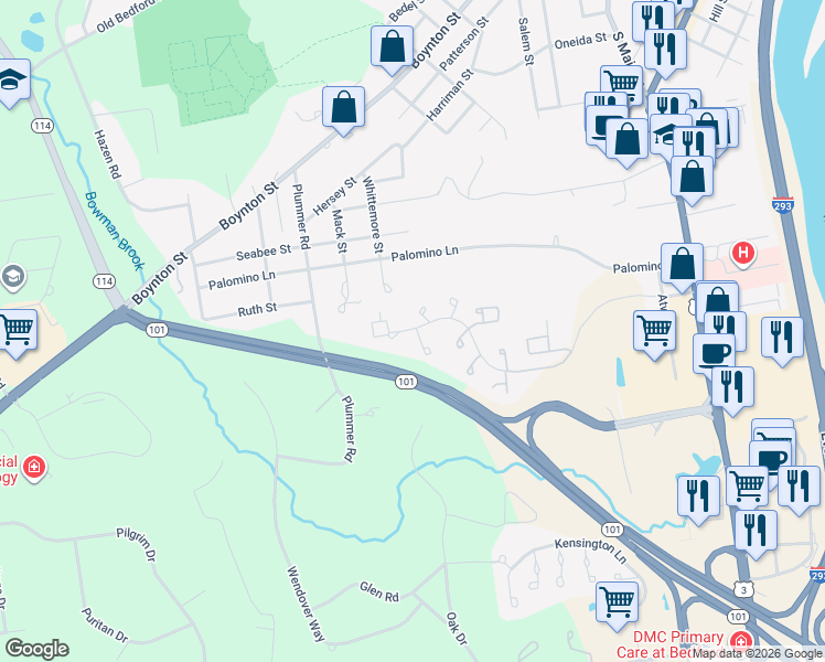 map of restaurants, bars, coffee shops, grocery stores, and more near 5 Rockingham Court in Bedford