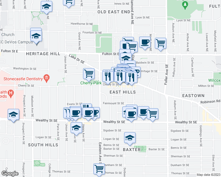 map of restaurants, bars, coffee shops, grocery stores, and more near 211 Hollister Avenue Southeast in Grand Rapids