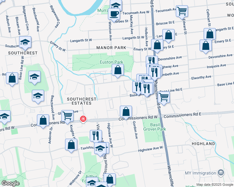 map of restaurants, bars, coffee shops, grocery stores, and more near 87 Base Line Road West in London