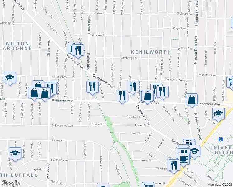 map of restaurants, bars, coffee shops, grocery stores, and more near 360 Englewood Avenue in Buffalo