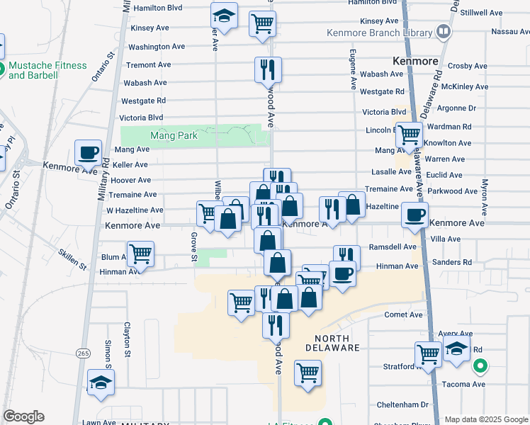 map of restaurants, bars, coffee shops, grocery stores, and more near 1650 Kenmore Avenue in Buffalo