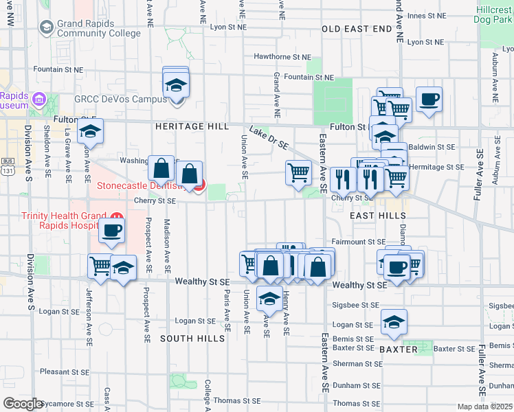 map of restaurants, bars, coffee shops, grocery stores, and more near 614 Cherry Street Southeast in Grand Rapids