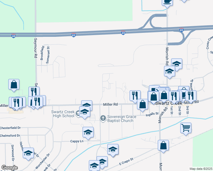 map of restaurants, bars, coffee shops, grocery stores, and more near 4452 Windsor Court in Swartz Creek
