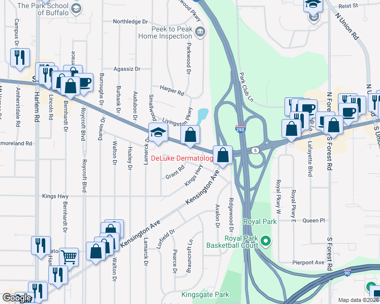 map of restaurants, bars, coffee shops, grocery stores, and more near 208 Bentham Parkway East in Buffalo