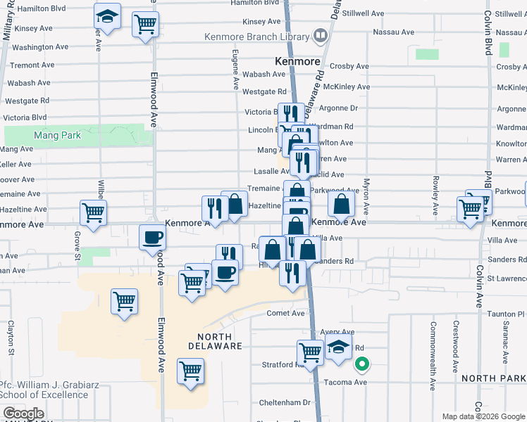 map of restaurants, bars, coffee shops, grocery stores, and more near 1444 Kenmore Avenue in Buffalo