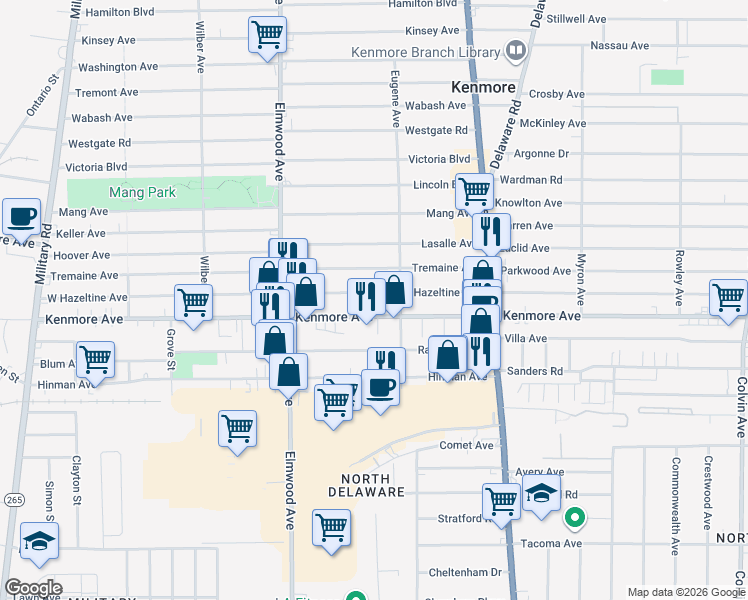 map of restaurants, bars, coffee shops, grocery stores, and more near 1502 Kenmore Avenue in Buffalo