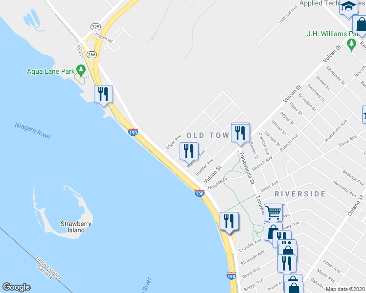 map of restaurants, bars, coffee shops, grocery stores, and more near 21 Riverdale Avenue in Buffalo