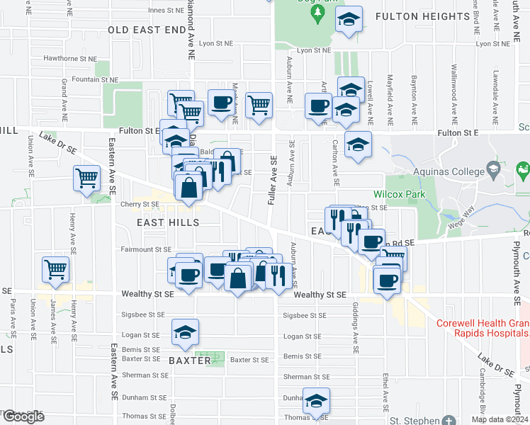 map of restaurants, bars, coffee shops, grocery stores, and more near 1201 Lake Drive Southeast in Grand Rapids