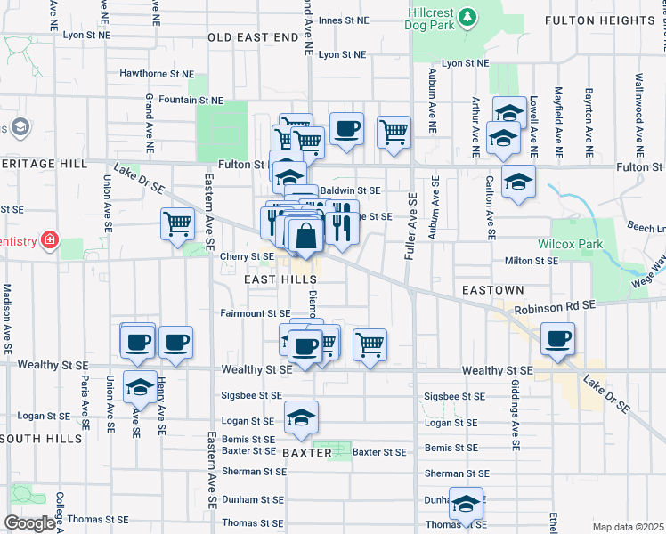 map of restaurants, bars, coffee shops, grocery stores, and more near 1014 Chester Street Southeast in Grand Rapids