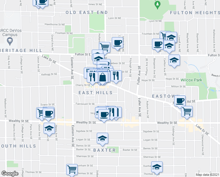 map of restaurants, bars, coffee shops, grocery stores, and more near 1014 Chester Street Southeast in Grand Rapids