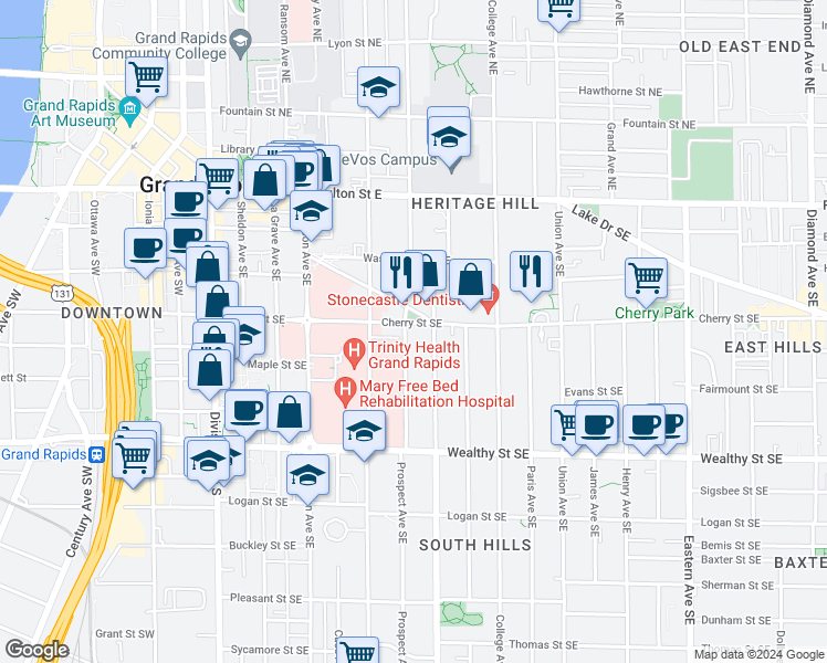 map of restaurants, bars, coffee shops, grocery stores, and more near 228 Prospect Avenue Southeast in Grand Rapids