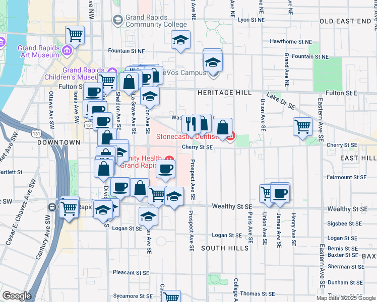 map of restaurants, bars, coffee shops, grocery stores, and more near 228 Prospect Avenue Southeast in Grand Rapids