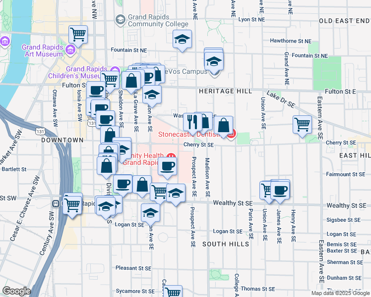 map of restaurants, bars, coffee shops, grocery stores, and more near 228 Prospect Avenue Southeast in Grand Rapids