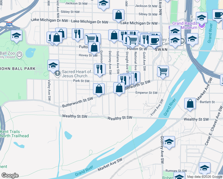 map of restaurants, bars, coffee shops, grocery stores, and more near 314 Indiana Avenue Southwest in Grand Rapids