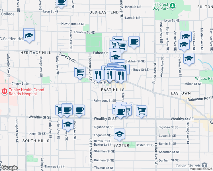 map of restaurants, bars, coffee shops, grocery stores, and more near 913 Blodgett Street Southeast in Grand Rapids