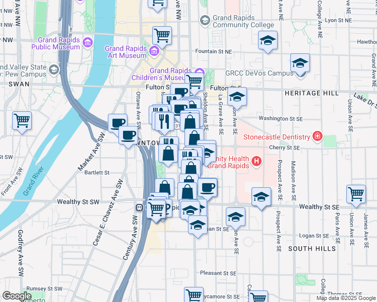 map of restaurants, bars, coffee shops, grocery stores, and more near 209 Division Street in Grand Rapids