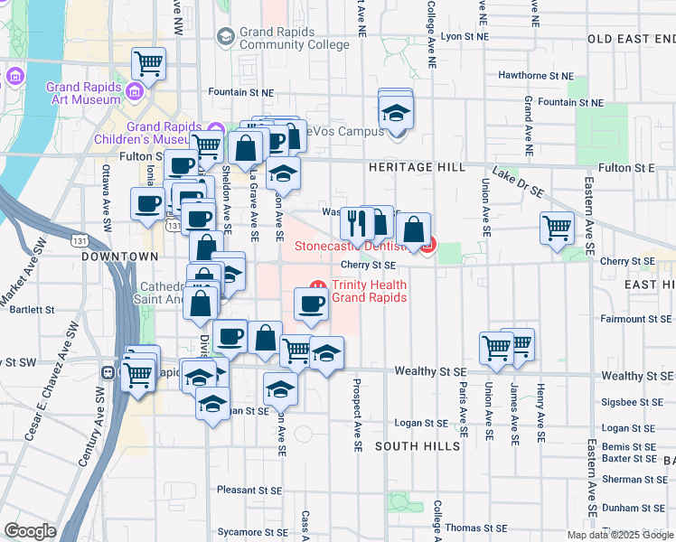 map of restaurants, bars, coffee shops, grocery stores, and more near 210 Lafayette Avenue Southeast in Grand Rapids